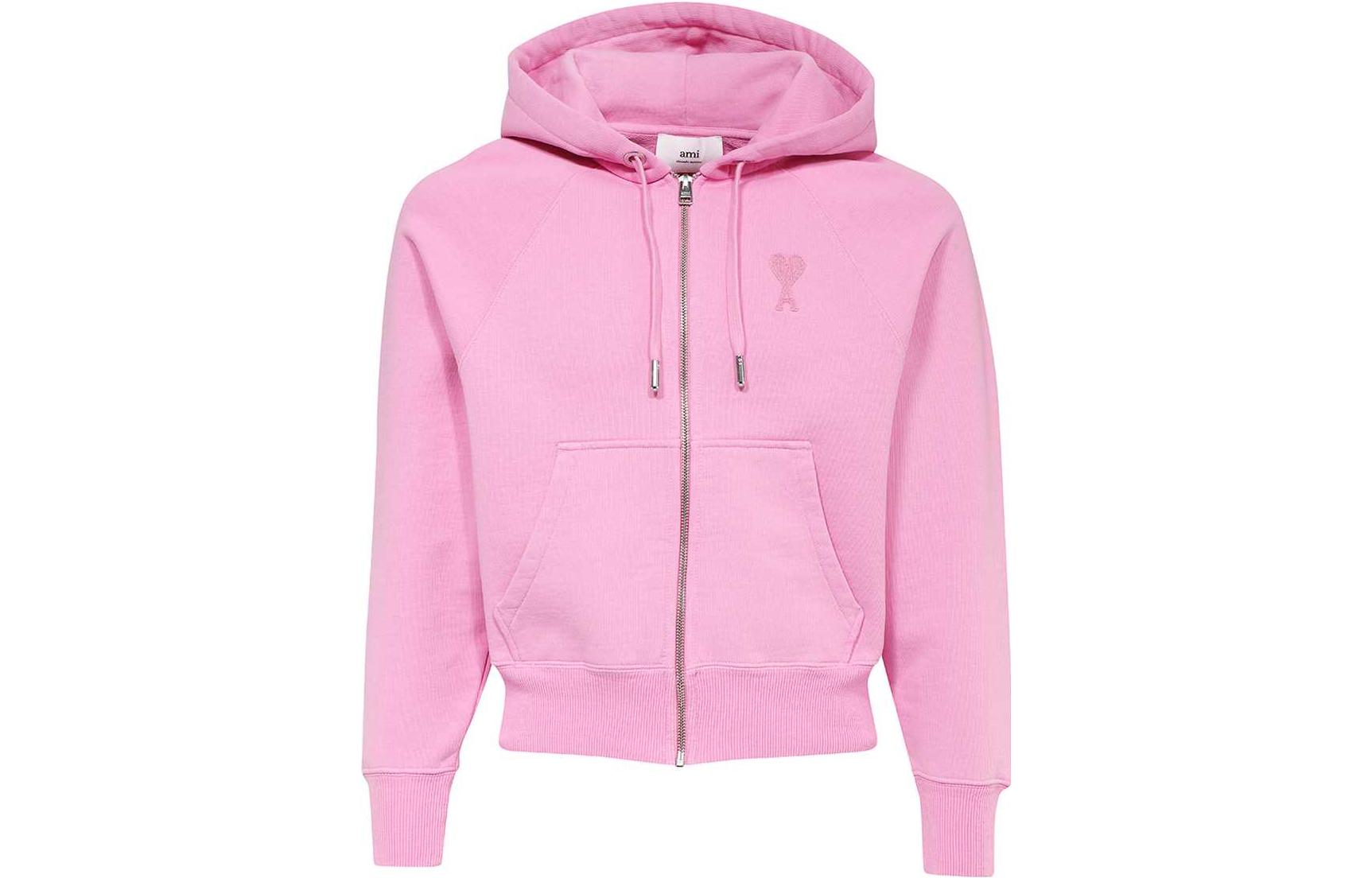 AMI PARIS SS23 moletom com capuz rosa sólido com zíper e manga comprida USW404747-663