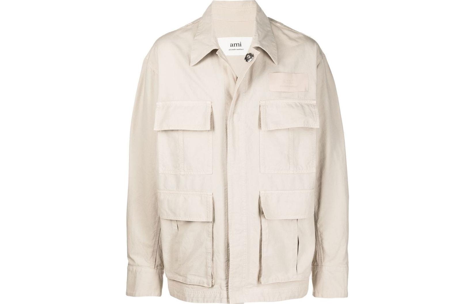 AMI PARIS SS23 Plain Collar Workwear Pocket Long Sleeve Jacket Beige Mens HJK201220