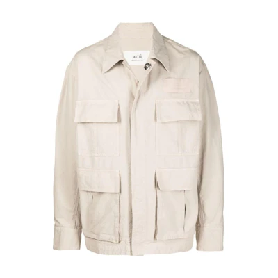 AMI PARIS SS23 Plain Collar Workwear Pocket Long Sleeve Jacket Beige Mens HJK201220