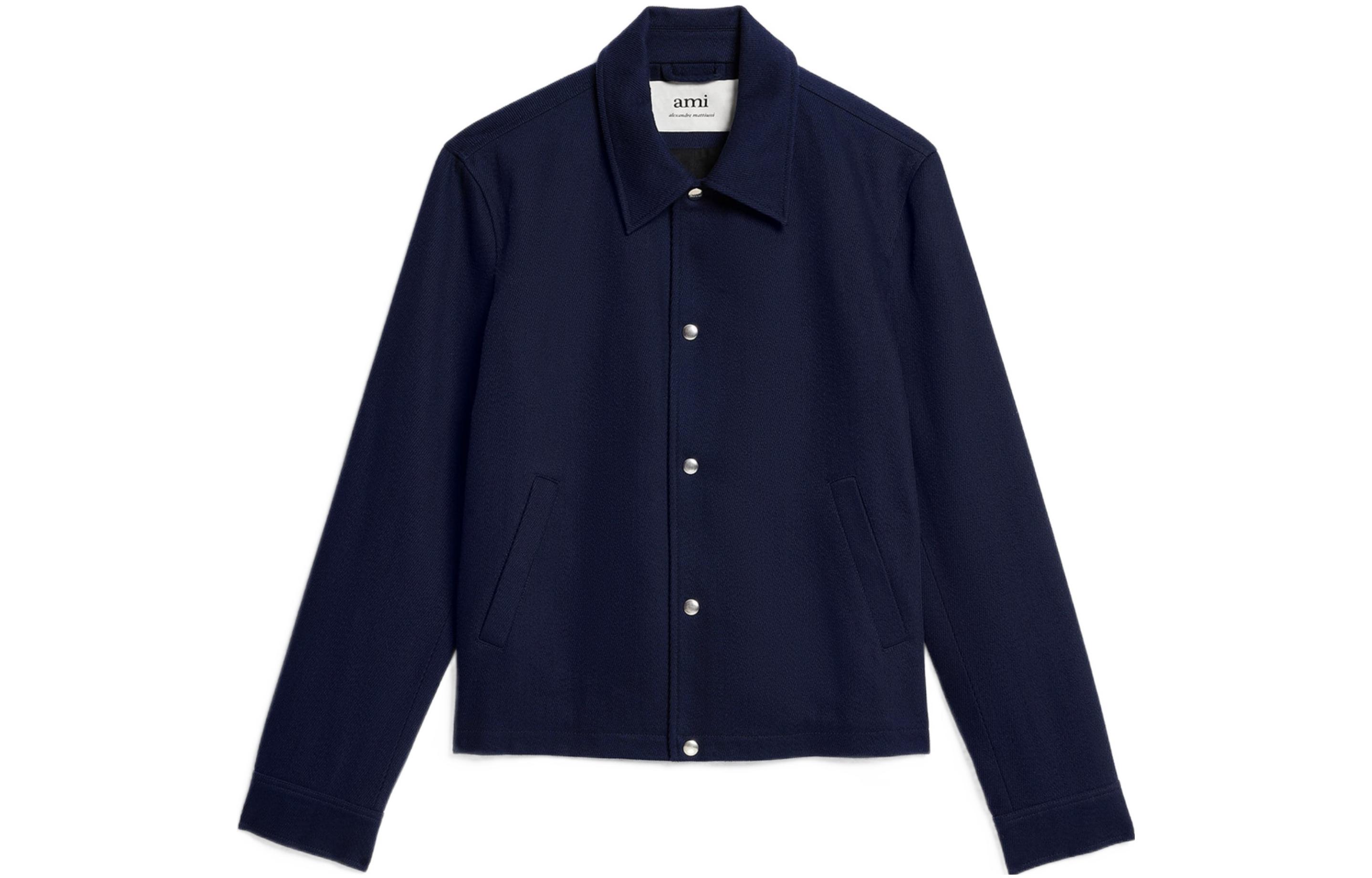 AMI PARIS SS23 Plain Navy Blue Long-Sleeve Jacket with Collar and Buttons HJK206CO0011-491