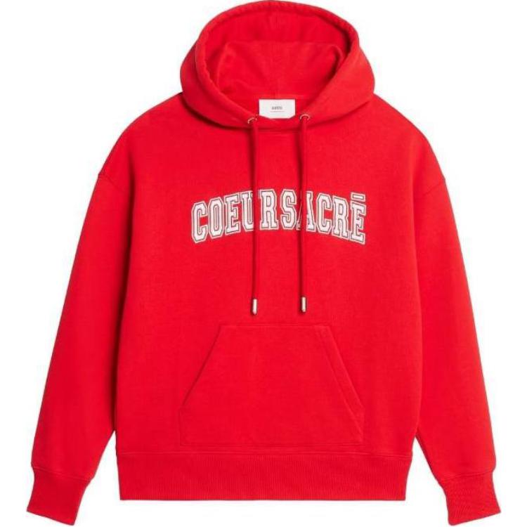AMI Paris SS23 Red Hoodie with Solid Color and Letter Pattern for Men. USW209747-681