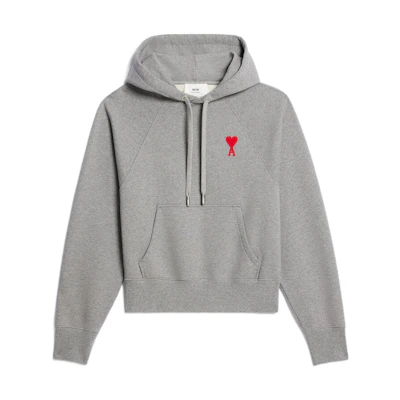AMI Paris SS23 Solid Logo Embroidered Grey Hoodie Casual Wear. USW204747-501