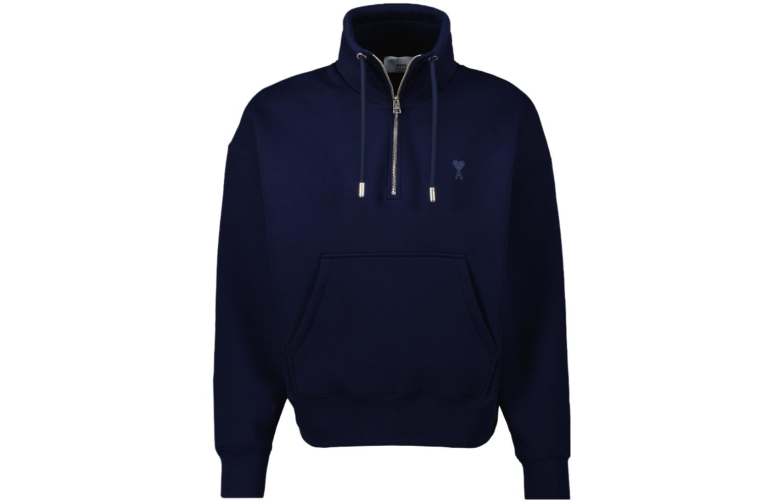 AMI PARIS SS23 Solid Pullover Half-Zip Embroidered Sweatshirt Navy Unisex USW512740-491