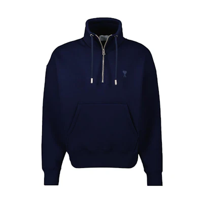 AMI PARIS SS23 Solid Pullover Half-Zip Embroidered Sweatshirt Navy Unisex USW512740-491