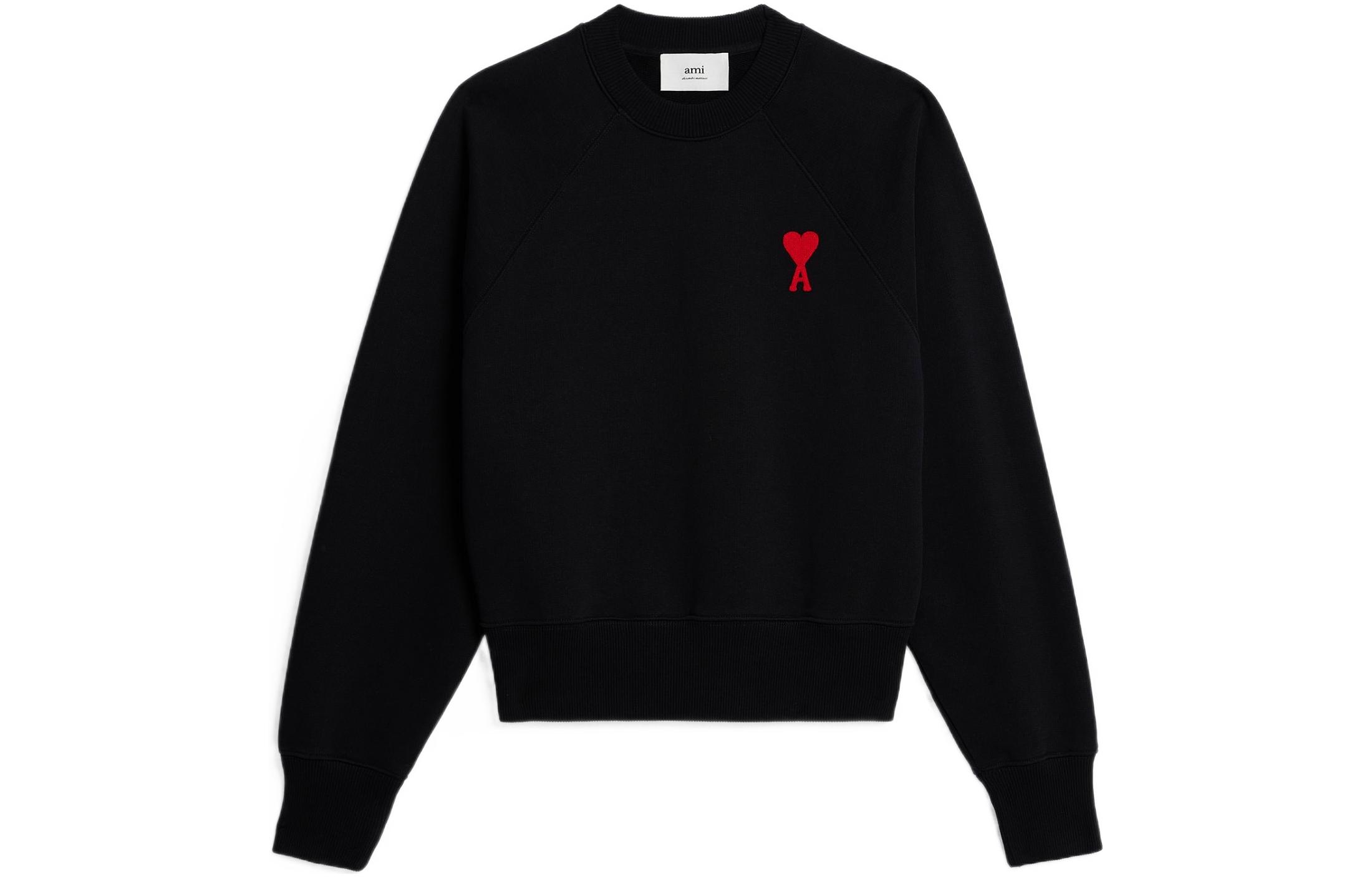 AMI PARIS SS23 Unisex Black Sweatshirt with Red Heart Embroidery Retro Design USW004747-009