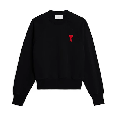 AMI PARIS SS23 Unisex Black Sweatshirt with Red Heart Embroidery Retro Design USW004747-009