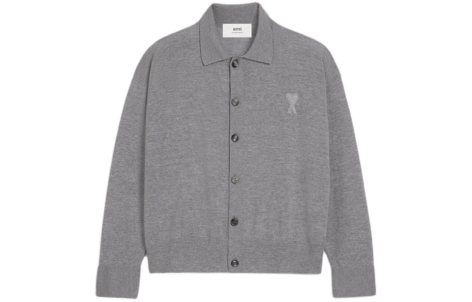 AMI Paris SS24 Grey Merino Wool Cardigan with Heart Embroidery Unisex UKC042KN0039-055