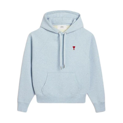 AMI Paris SS24 Heart Embroidered Unisex Cotton Hoodie Light Blue. USW205747-4842