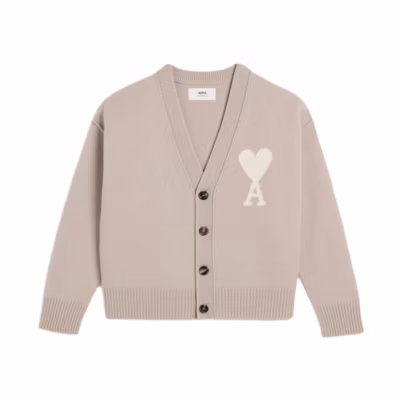 AMI Paris SS24 Heart Merino Wool Cardigan Light Beige Unisex Sweater UKC006018-2713