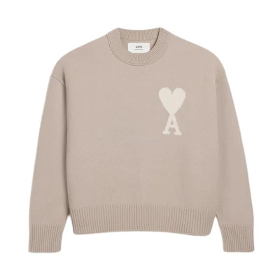 AMI PARIS SS24 Heart Pattern Merino Wool Crewneck Sweater Beige Unisex. UKS006018-2713