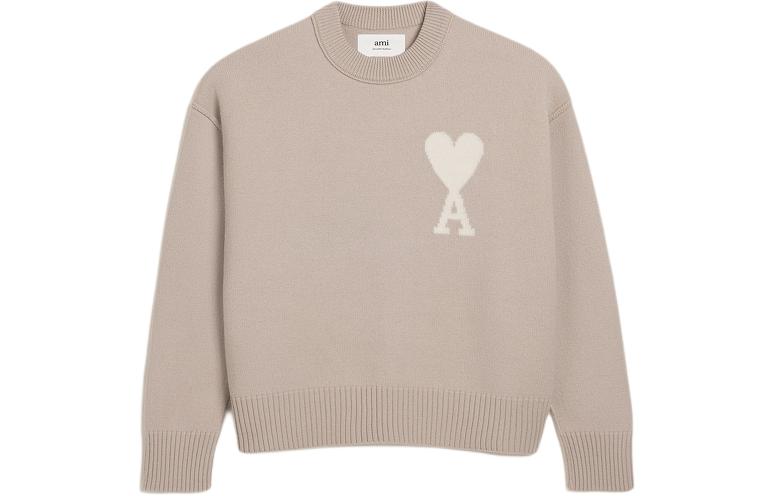 AMI PARIS SS24 Heart Pattern Merino Wool Crewneck Sweater Beige Unisex. UKS006018-2713 圖 2