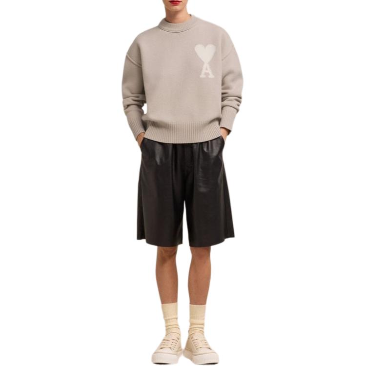 AMI PARIS SS24 Heart Pattern Merino Wool Crewneck Sweater Beige Unisex. UKS006018-2713 圖 5