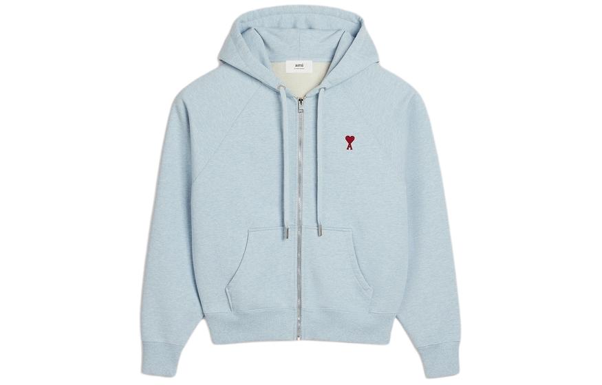 AMI PARIS SS24 Heart Pattern Zip Hoodie Unisex Light Blue USW4157475-4142