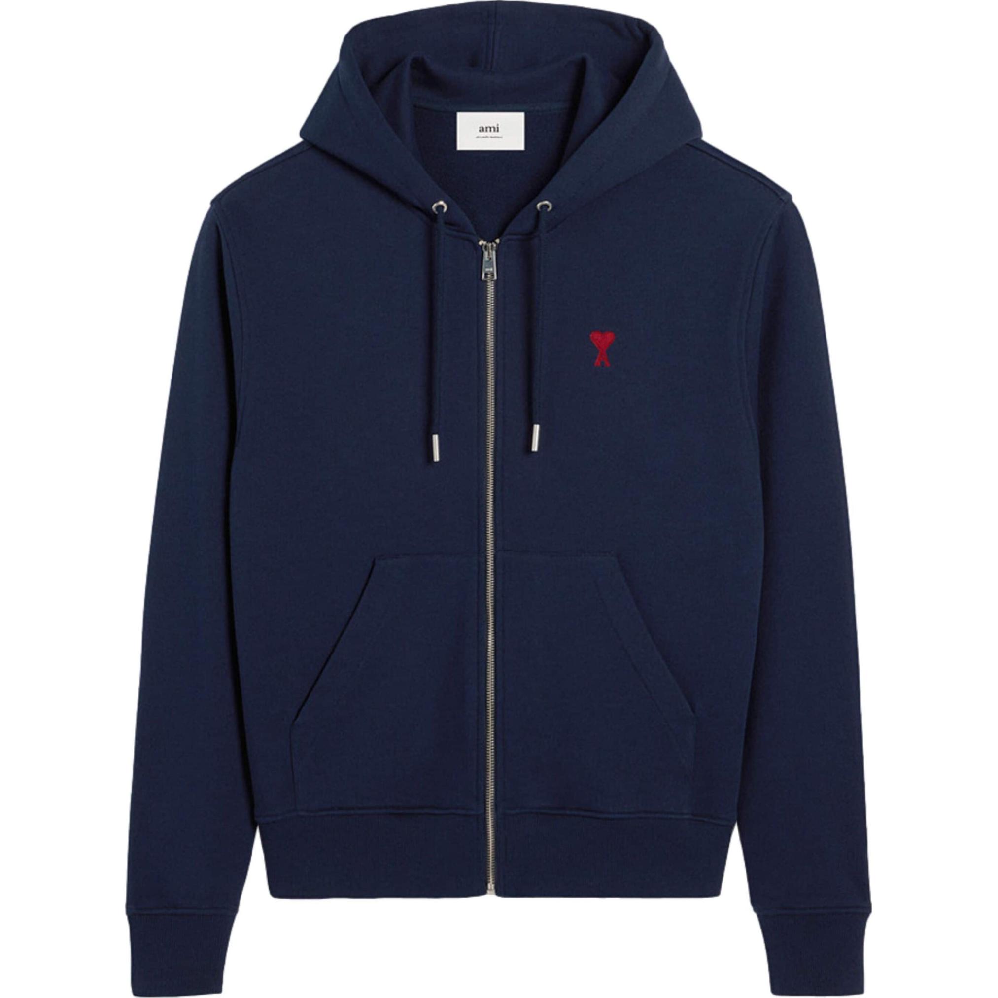 AMI PARIS SS24 Navy Blue Unisex Relaxed Fit Zip-Up Hoodie BFUSW435730-NAVY