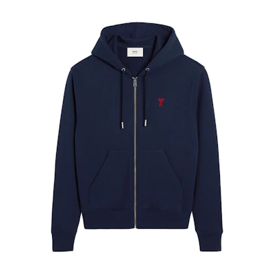AMI PARIS SS24 Navy Blue Unisex Relaxed Fit Zip-Up Hoodie BFUSW435730-NAVY
