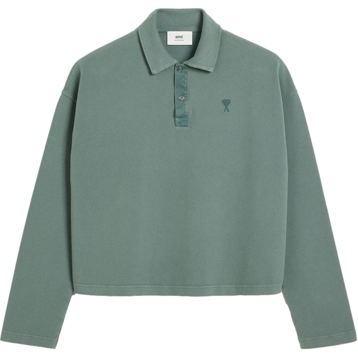 AMI PARIS SS24 Sage Green Embroidered Logo Long-Sleeve Cotton Polo Shirt Unisex UPL340JE0092-4013