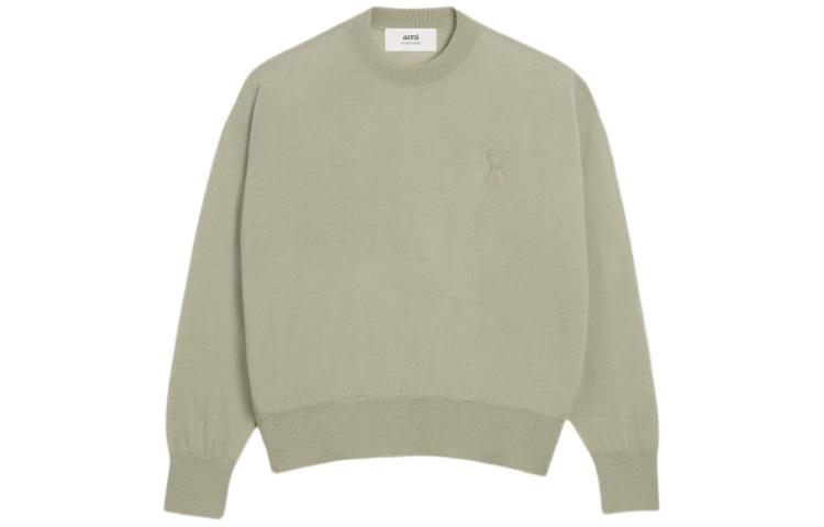 AMI PARIS SS24 Solid Heart Patch Crewneck Pullover Sweater Sage Unisex UKS042KN0039-366