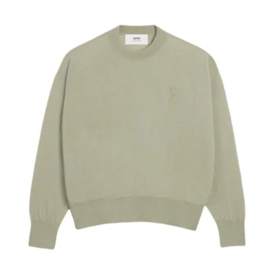 AMI PARIS SS24 Solid Heart Patch Crewneck Pullover Sweater Sage Unisex UKS042KN0039-366