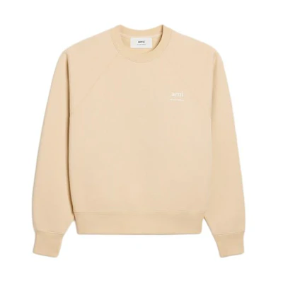 AMI Paris SS24 Unisex Cream Logo Print Crewneck Cotton Sweatshirt Long Sleeve. USW024747-721
