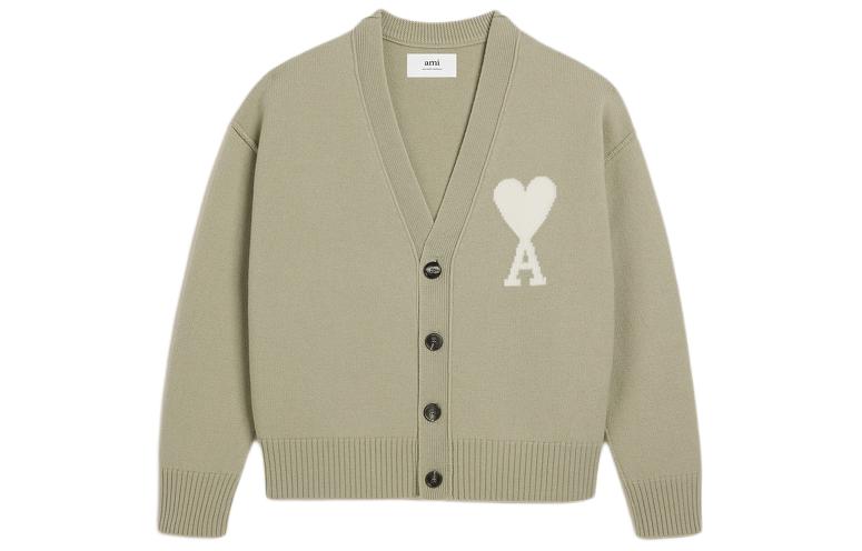 AMI PARIS SS24 Unisex Merino Wool Cardigan with Heart Pattern in Sage Green. UKC006018-319