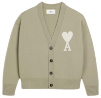 AMI PARIS SS24 Unisex Merino Wool Cardigan with Heart Pattern in Sage Green. UKC006018-319 AMI PARIS SS24 Unisex Merino Wool Cardigan with Heart Pattern in Sage Green. UKC006018-319