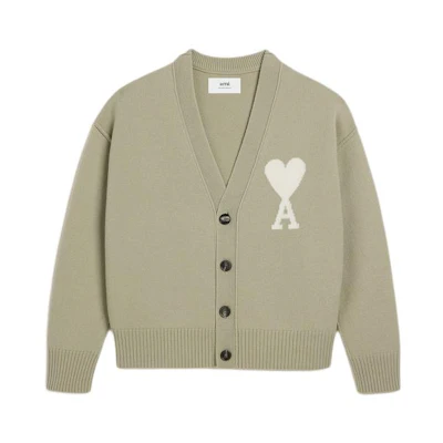 AMI PARIS SS24 Unisex Merino Wool Cardigan with Heart Pattern in Sage Green. UKC006018-319