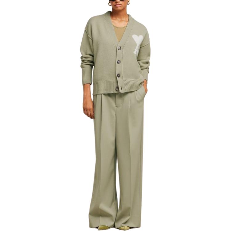 Shop AMI PARIS SS24 男女款羊毛心形圖案開襟衫-鼠尾草綠. UKC006018-319