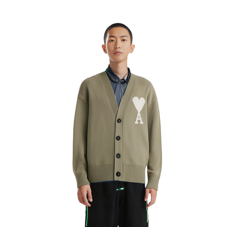 Cheap AMI PARIS SS24 男女款羊毛心形圖案開襟衫-鼠尾草綠. UKC006018-319