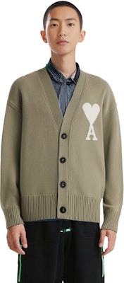 AMI PARIS SS24 男女款羊毛心形圖案開襟衫-鼠尾草綠. UKC006018-319 Cheap AMI PARIS SS24 男女款羊毛心形圖案開襟衫-鼠尾草綠. UKC006018-319