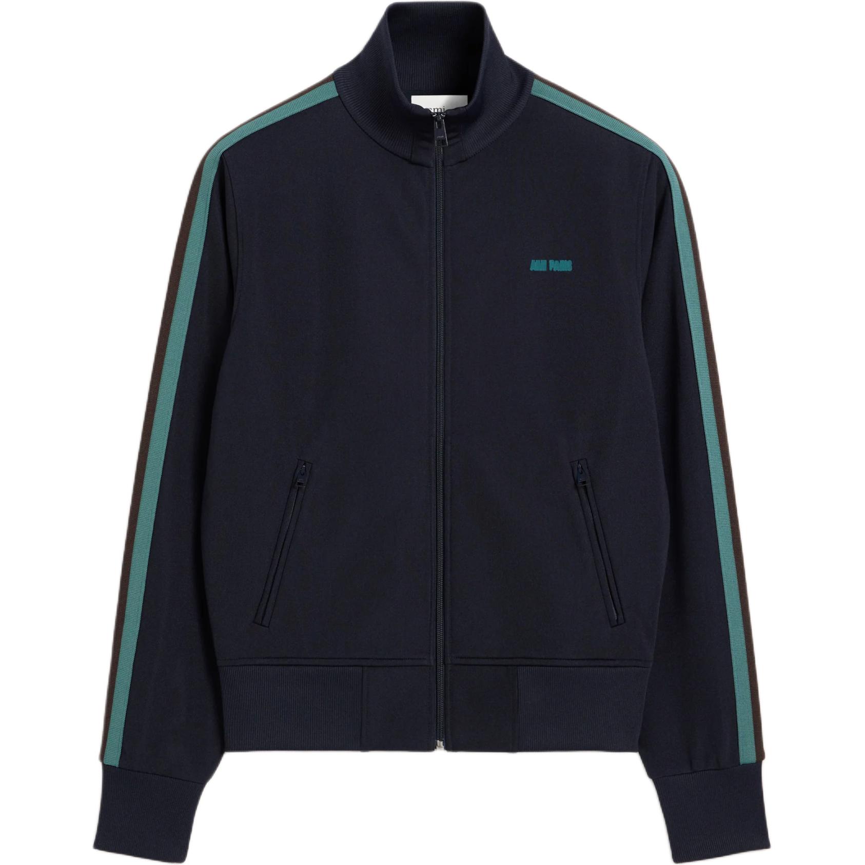 AMI PARIS Striped Embroidered Logo Stand Collar Zip Jacket Navy - HSW436JE0071-4011