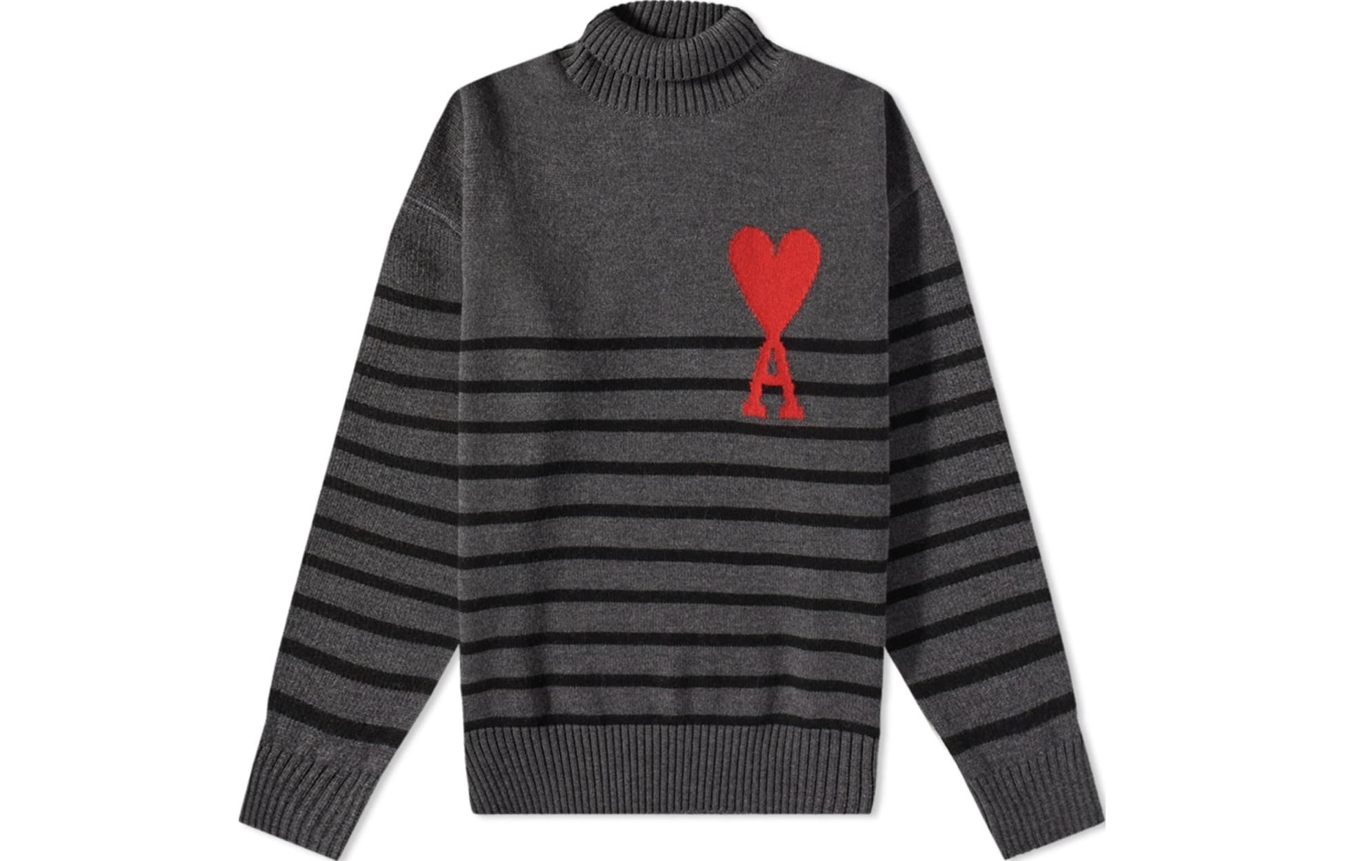 AMI Paris Striped Pattern High Neck Sweater Grey -  Long Sleeve Knitwear UKS404018-080