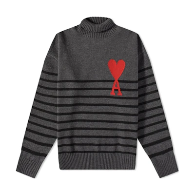 AMI Paris Striped Pattern High Neck Sweater Grey - Long Sleeve Knitwear UKS404018-080