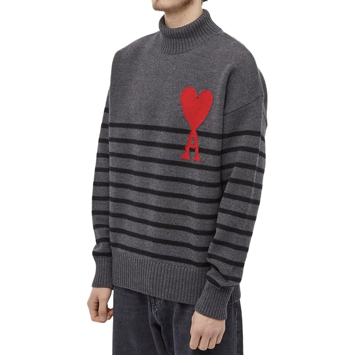 AMI Paris Striped Pattern High Neck Sweater Grey -  Long Sleeve Knitwear UKS404018-080 圖 3
