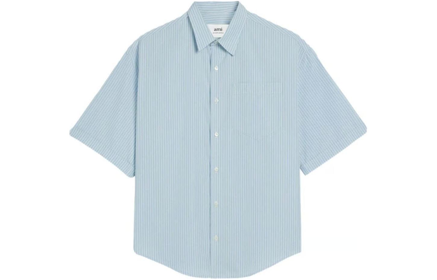 AMI PARIS Striped Short Sleeve Shirt Light Blue -  Fashion. HSH216CO00664841