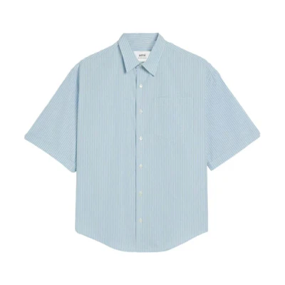 AMI PARIS Striped Short Sleeve Shirt Light Blue - Fashion. HSH216CO00664841