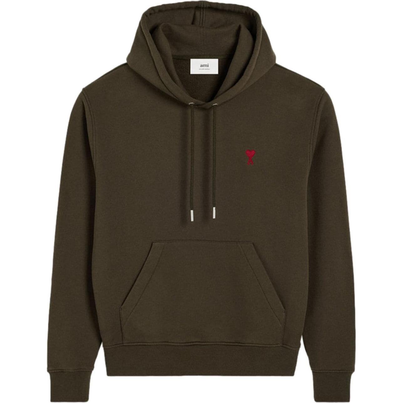 AMI PARIS Textured Knit Logo Embroidered Hoodie Unisex Coffee Brown USW235730-BROWN