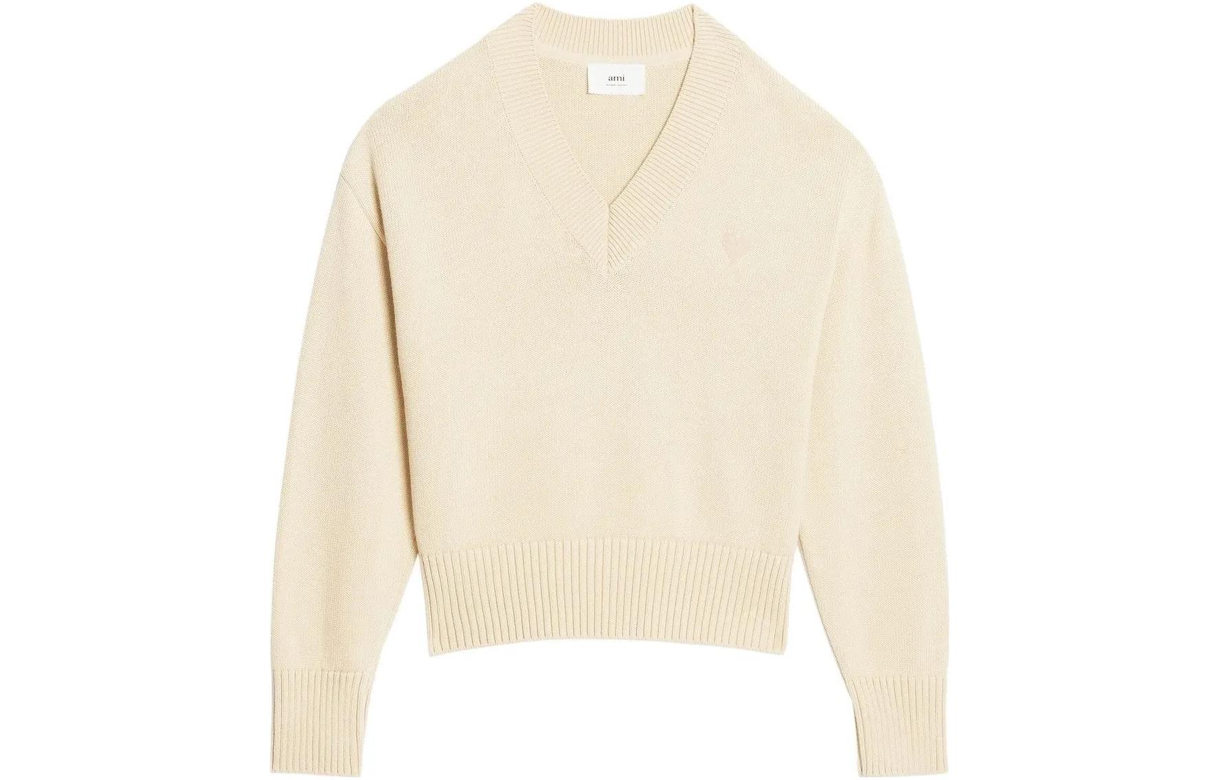 AMI Paris Unisex Beige V-Neck Wool Cotton Blend Knitted Sweater Pullover. UKS208016-714