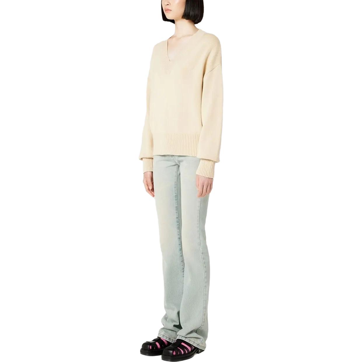 AMI Paris Unisex Beige V-Neck Wool Cotton Blend Knitted Sweater Pullover. UKS208016-714 圖 4