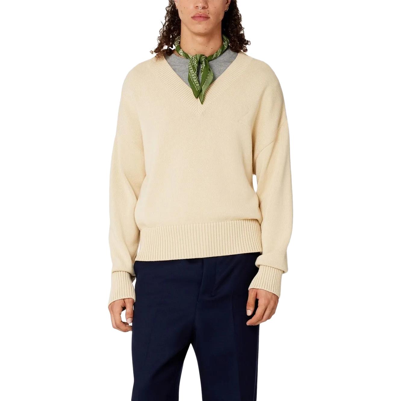 AMI Paris Unisex Beige V-Neck Wool Cotton Blend Knitted Sweater Pullover. UKS208016-714 圖 5