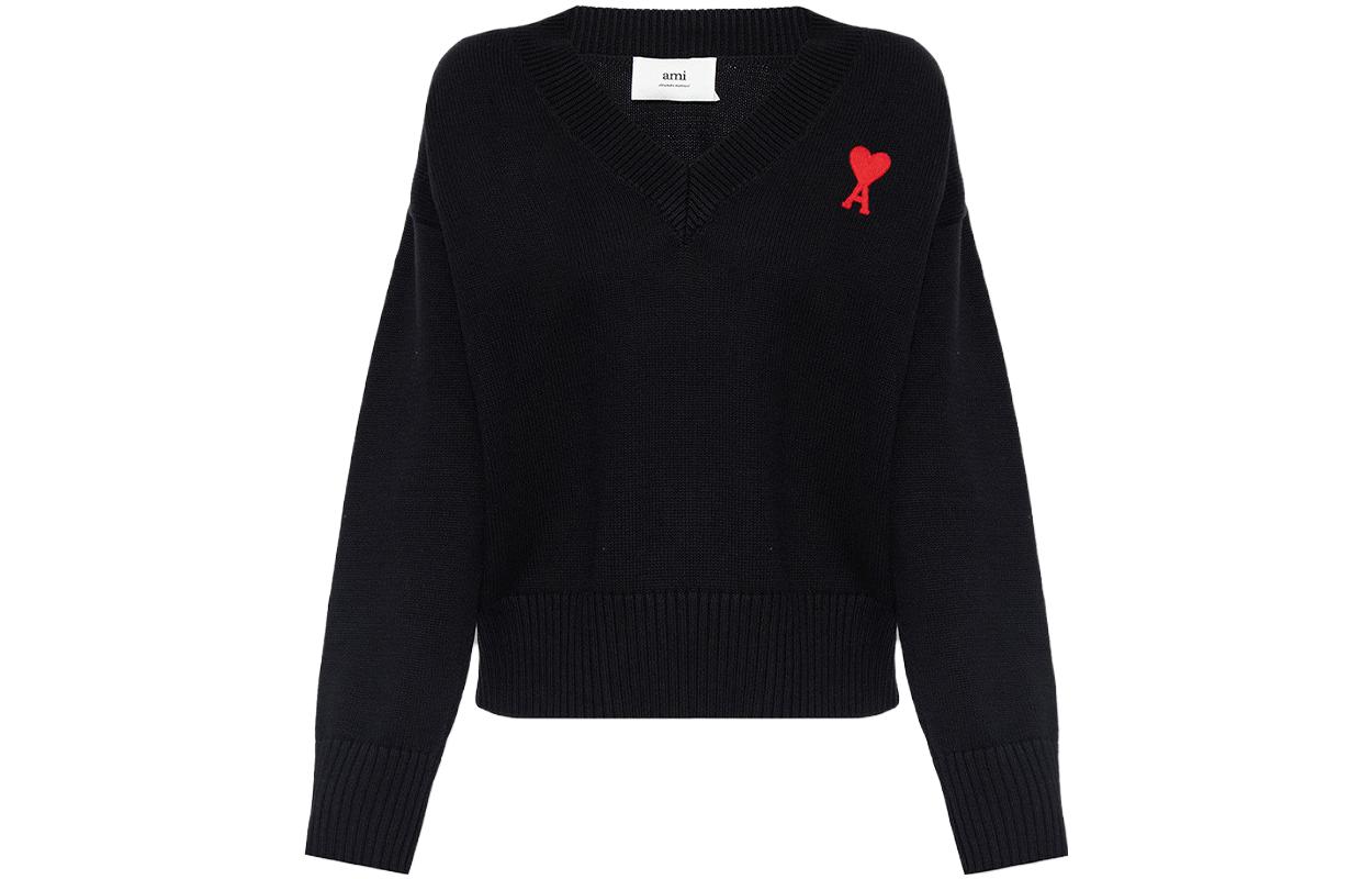 AMI PARIS Unisex Black V-Neck Cotton Wool Blend Knitted Sweater. UKS208016-009 圖 2