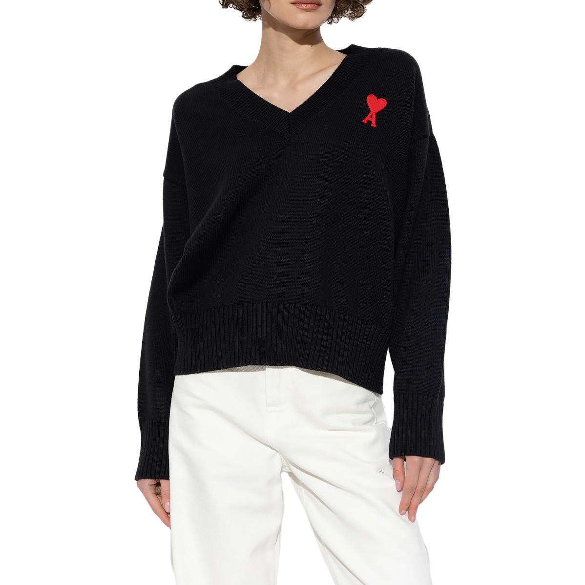 AMI PARIS Unisex Black V-Neck Cotton Wool Blend Knitted Sweater. UKS208016-009 圖 3