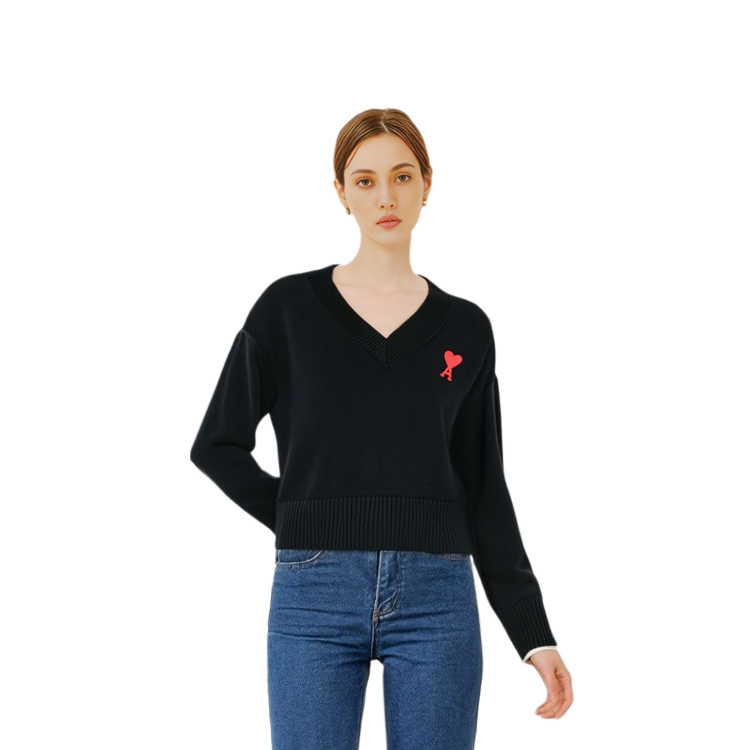 AMI PARIS Unisex Black V-Neck Cotton Wool Blend Knitted Sweater. UKS208016-009 圖 5