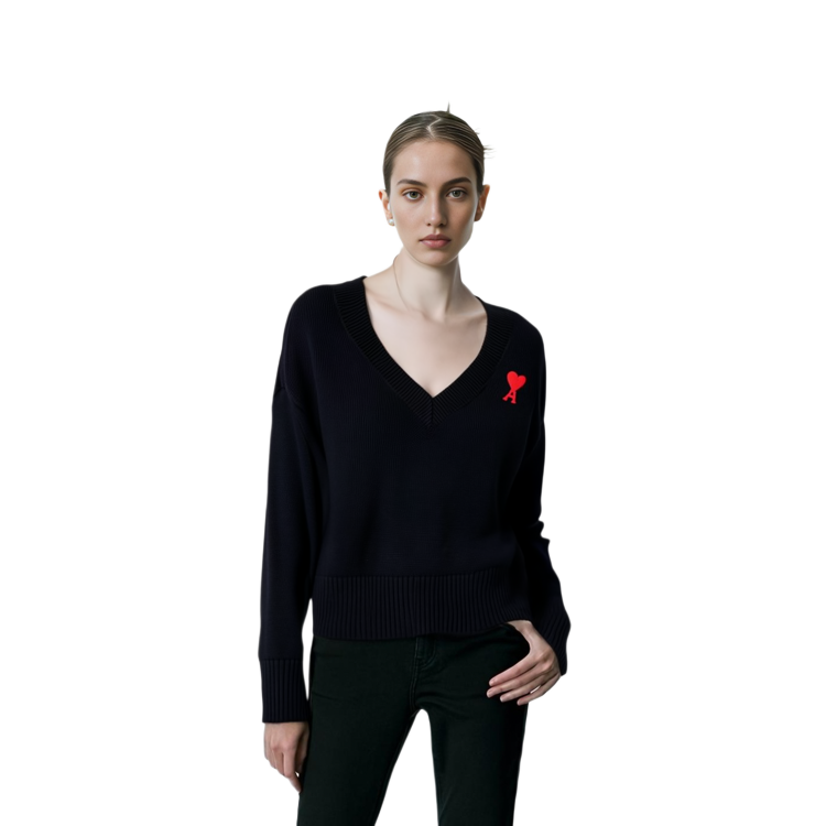 AMI PARIS Unisex Black V-Neck Cotton Wool Blend Knitted Sweater. UKS208016-009 圖 6