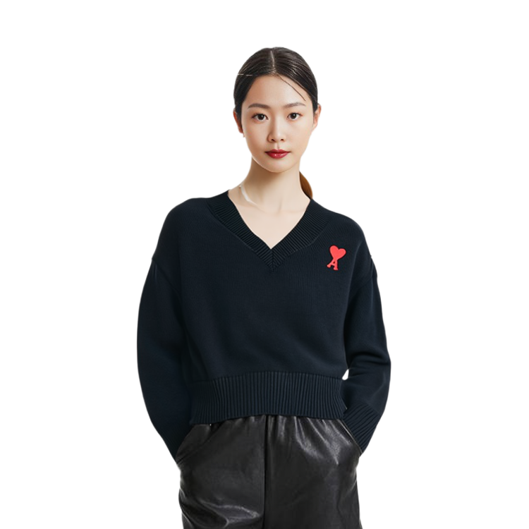 AMI PARIS Unisex Black V-Neck Cotton Wool Blend Knitted Sweater. UKS208016-009 圖 7