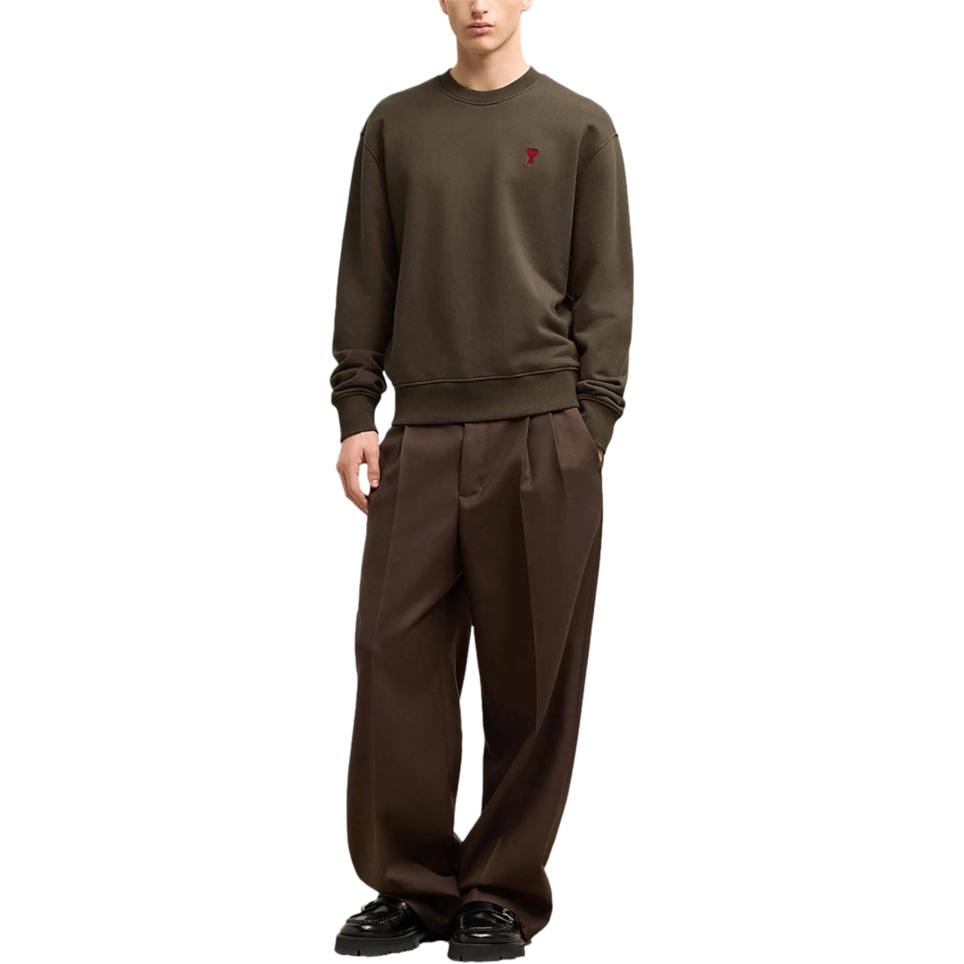 AMI PARIS Unisex Heart Embroidered Cotton Crewneck Sweatshirt Dark Brown USW035730221 圖 3