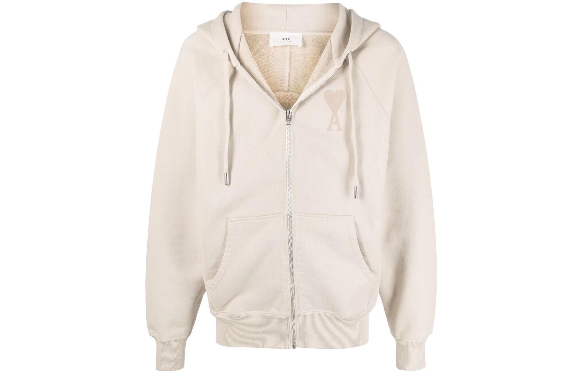 AMI PARIS Unisex Solid Logo Zip Hoodie Khaki Color Couples Style. USW402747-400