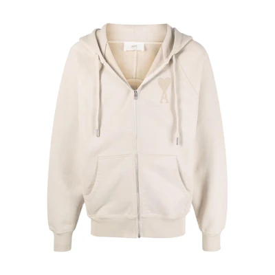 AMI PARIS Unisex Solid Logo Zip Hoodie Khaki Color Couples Style. USW402747-400