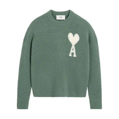 AMI PARIS White Heart Embroidered Cloud Knit Sweater Mint Green Unisex UKS025KN0032-GREEN