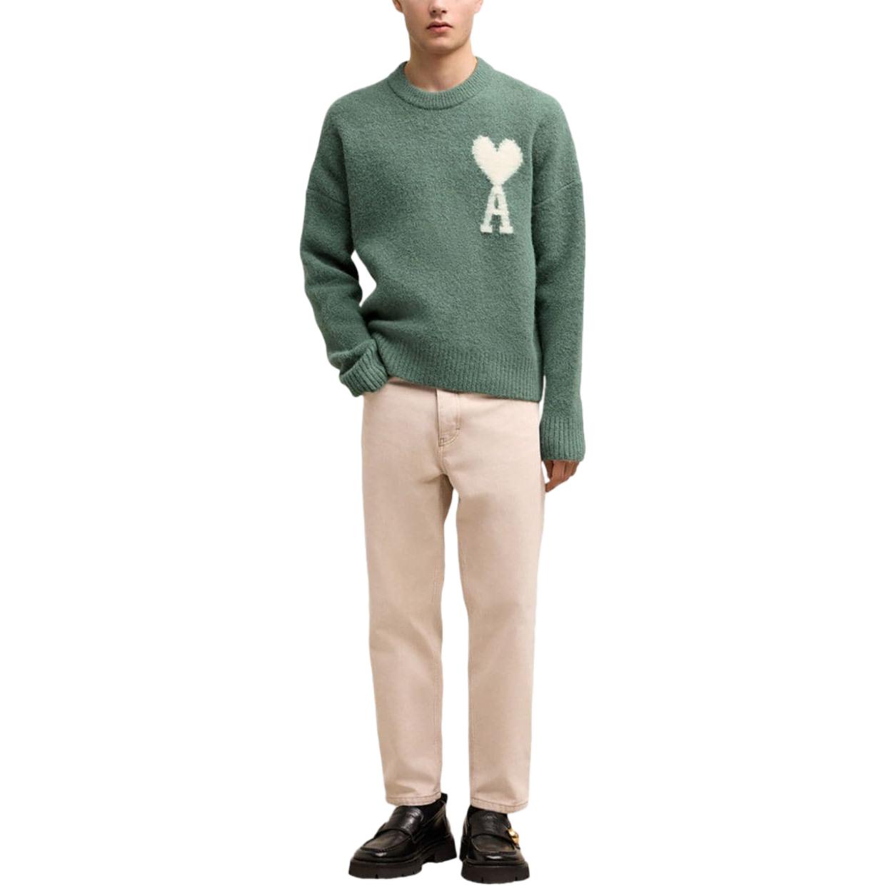 Shop AMI PARIS 白色心形刺繡薄荷綠雲紋針織毛衣 男女適穿 UKS025KN0032-GREEN