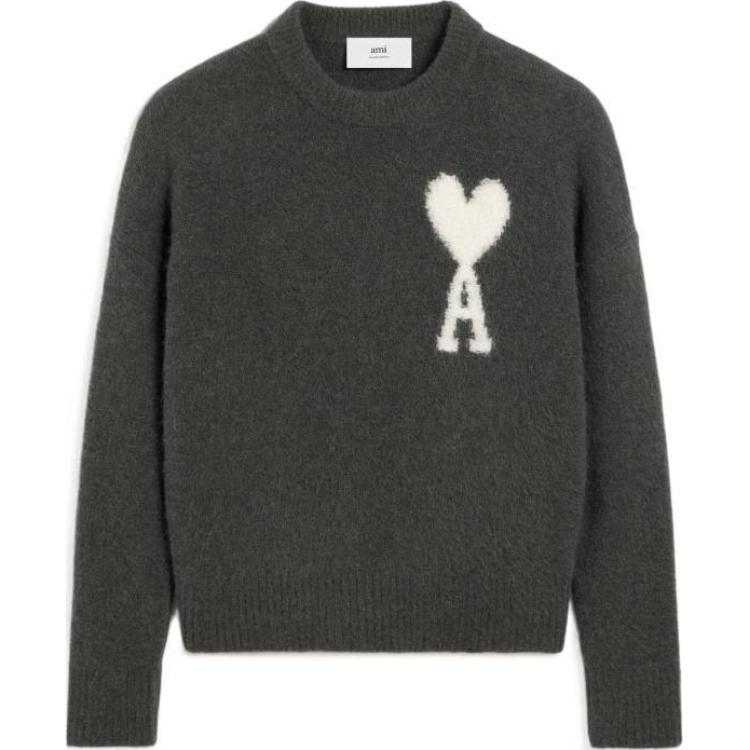 AMI Paris White Heart Embroidered Crewneck Cloud Sweater Unisex Grey. UKS025KN0032-061
